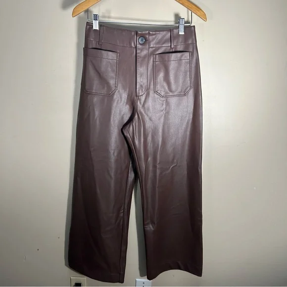 Anthropologie Maeve The Colette Faux Leather Chocolate Brown Crop Pants Size 28 - Picture 3 of 10